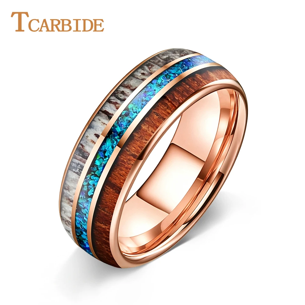 Anillo de tungsteno de 6/8 mm para hombre y mujer, con incrustaciones de ópalo, asta de ciervo y madera de sequo, ajuste cómodo, ideal para dropshipping.
