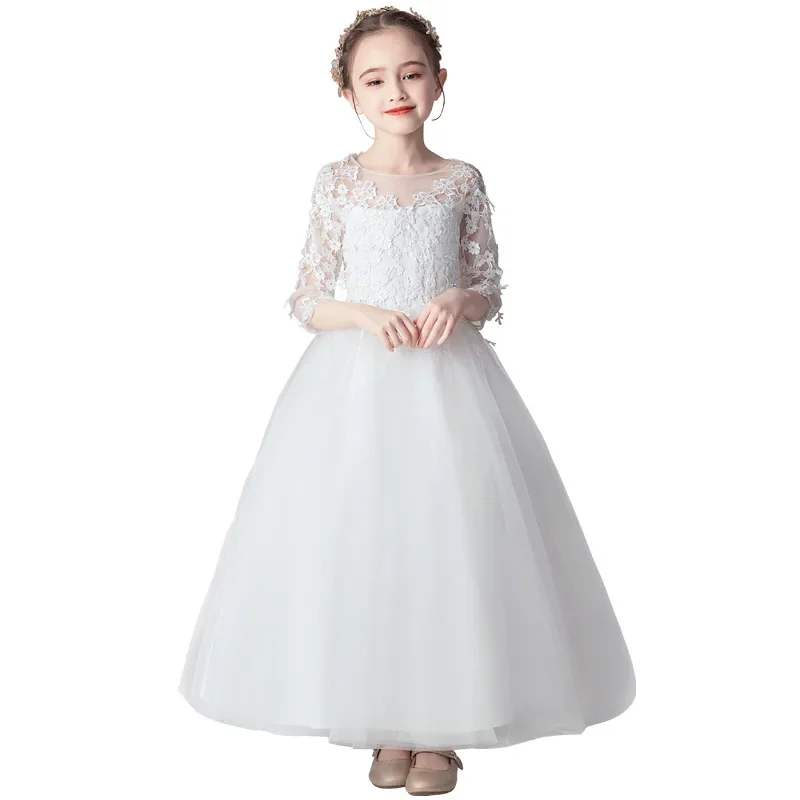 

Summer Baby Girl White Floral Princess Dress Children Long Tulle Wedding Party Dress Kids Lace Vintage Clothes New In Dress