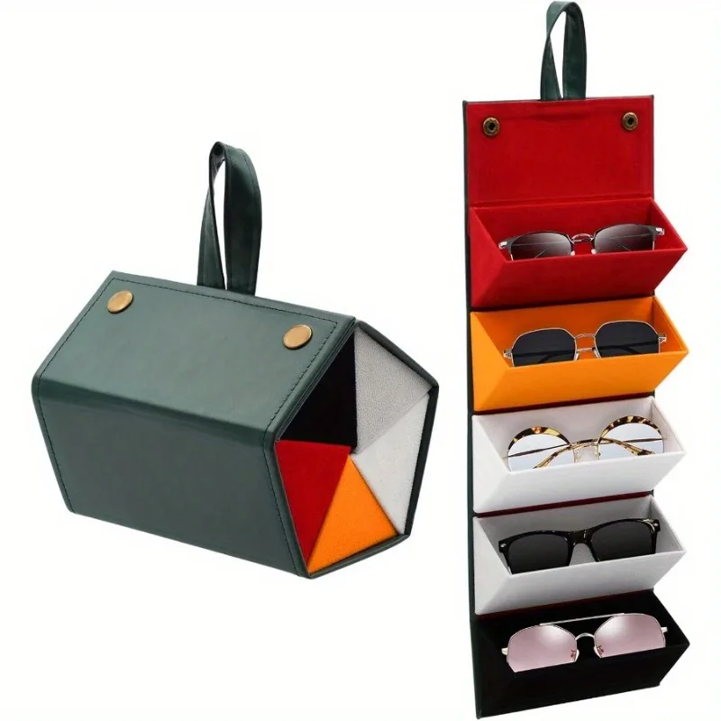 Multi-purpose Travel Sunglasses Organizer Sunglass Travel Case for Multiple Pairs Foldable Hanging Eyeglass Storage with 5 Slots