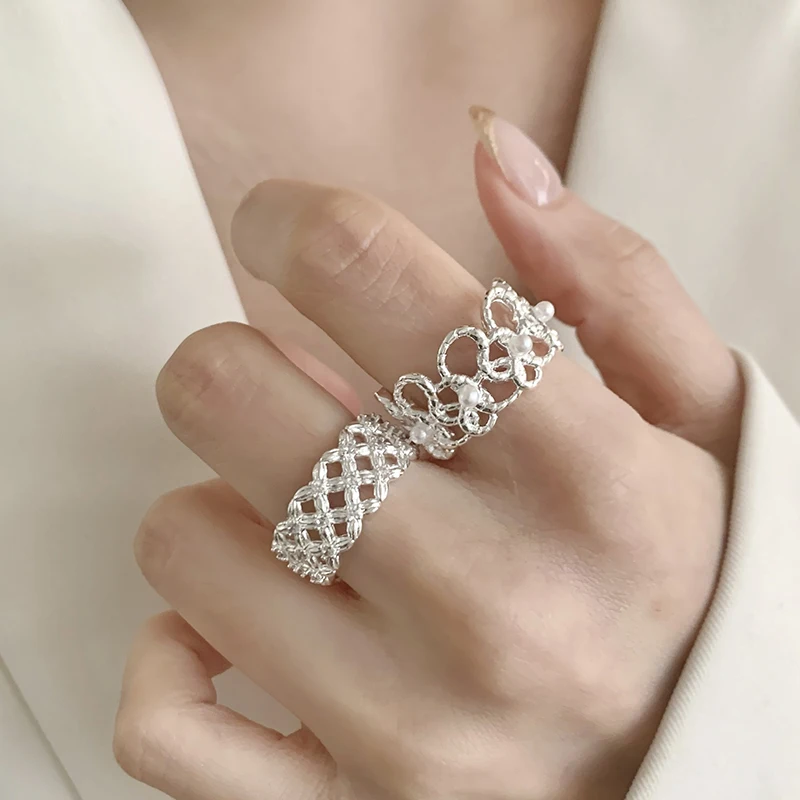 GANPUP Minimalistische Geometrische Geflecht-Verstellbare Fingerringe für Frauen, Modischer Neuer Silberfarbener Schmuck, Geschenk für Party und Büro кольцо – Detail 1