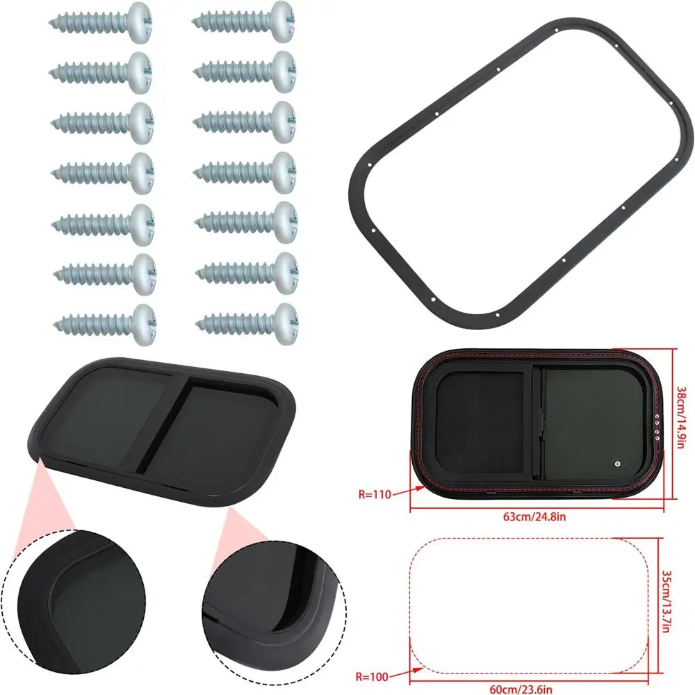 

24 x 15 дюймов, окно из закаленного стекла из алюминиевого сплава, горизонтальный слайдер, грузовой прицеп для автофургона с экраном, черный