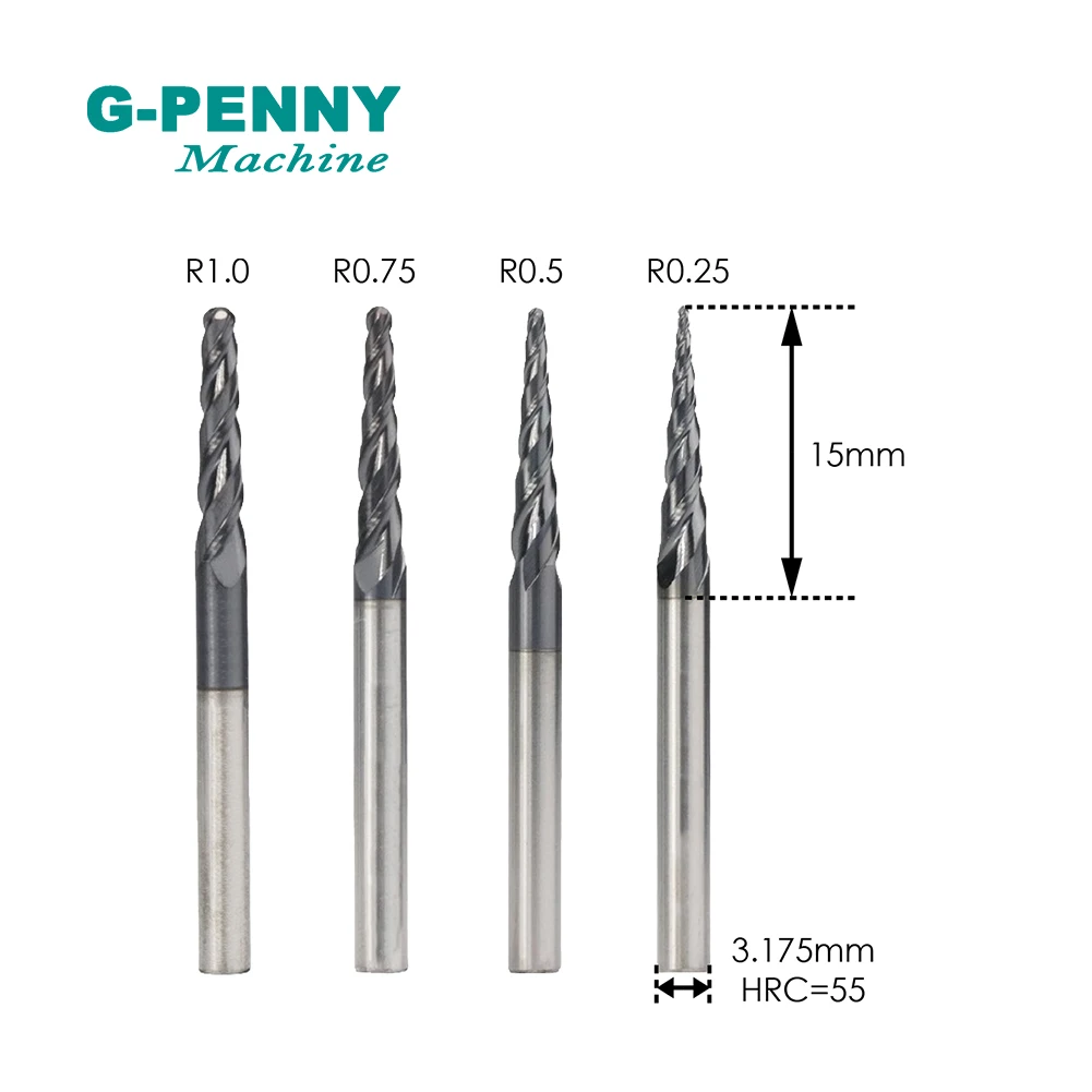 G-PENNY New!1pcs-R0.25 R0.5 R0.75 R1.0 CNC Tungsten solid carbide Coated Tapered Ball Nose End Mills Taper cone milling cutter