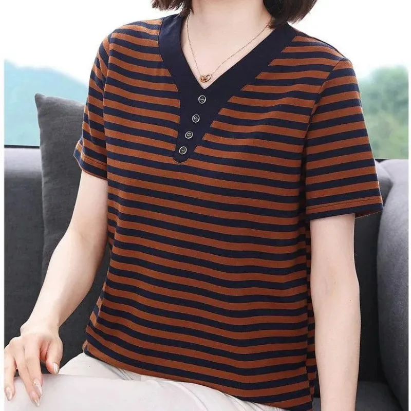 

Women's Striped V Neck Cotton T-shirt Casual Loose Short Sleeve Top
