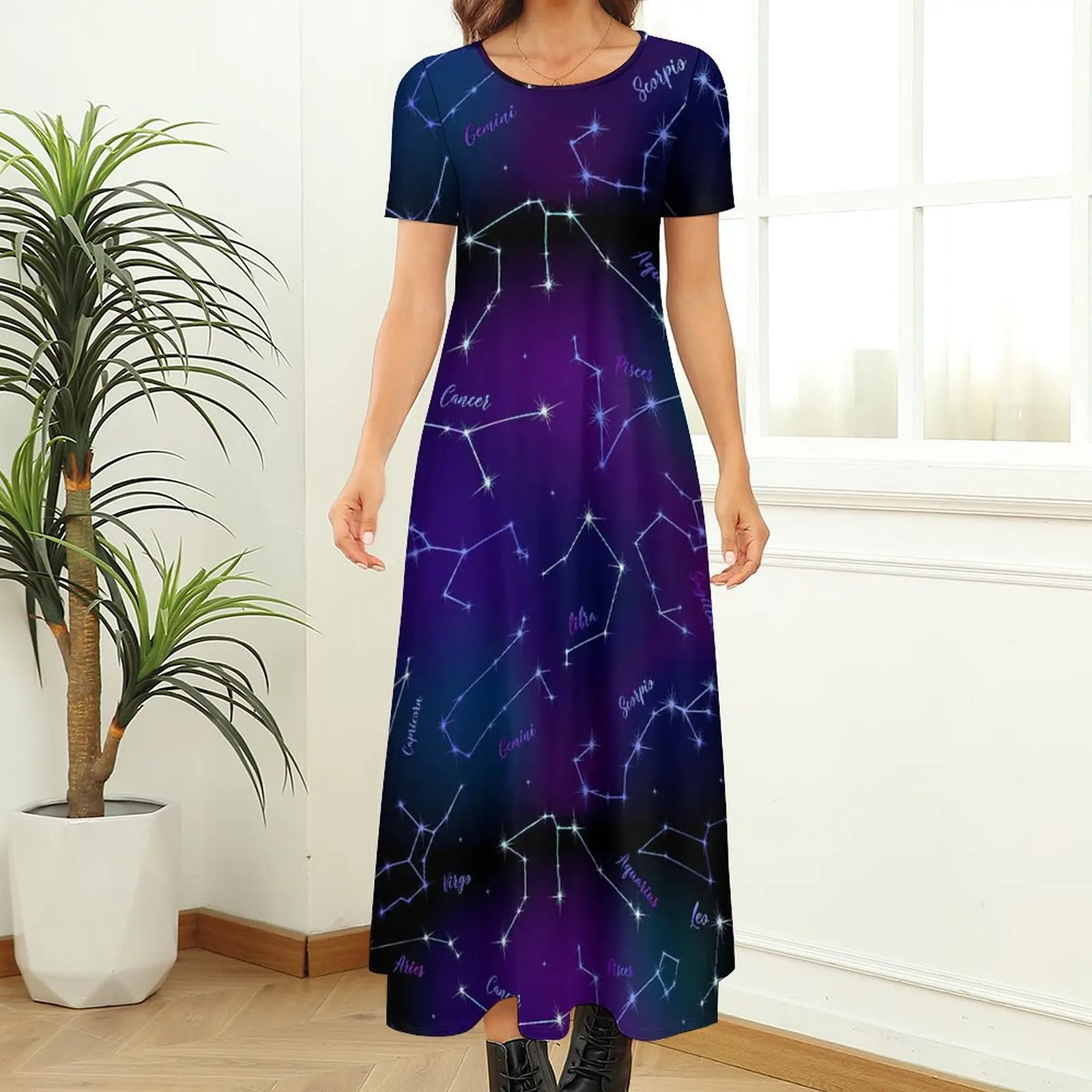 Astrology Print Dress Stars Space Kawaii Maxi Dress Street Fashion Boho Beach Long Dresses Women Short Sleeve Oversized Vestido