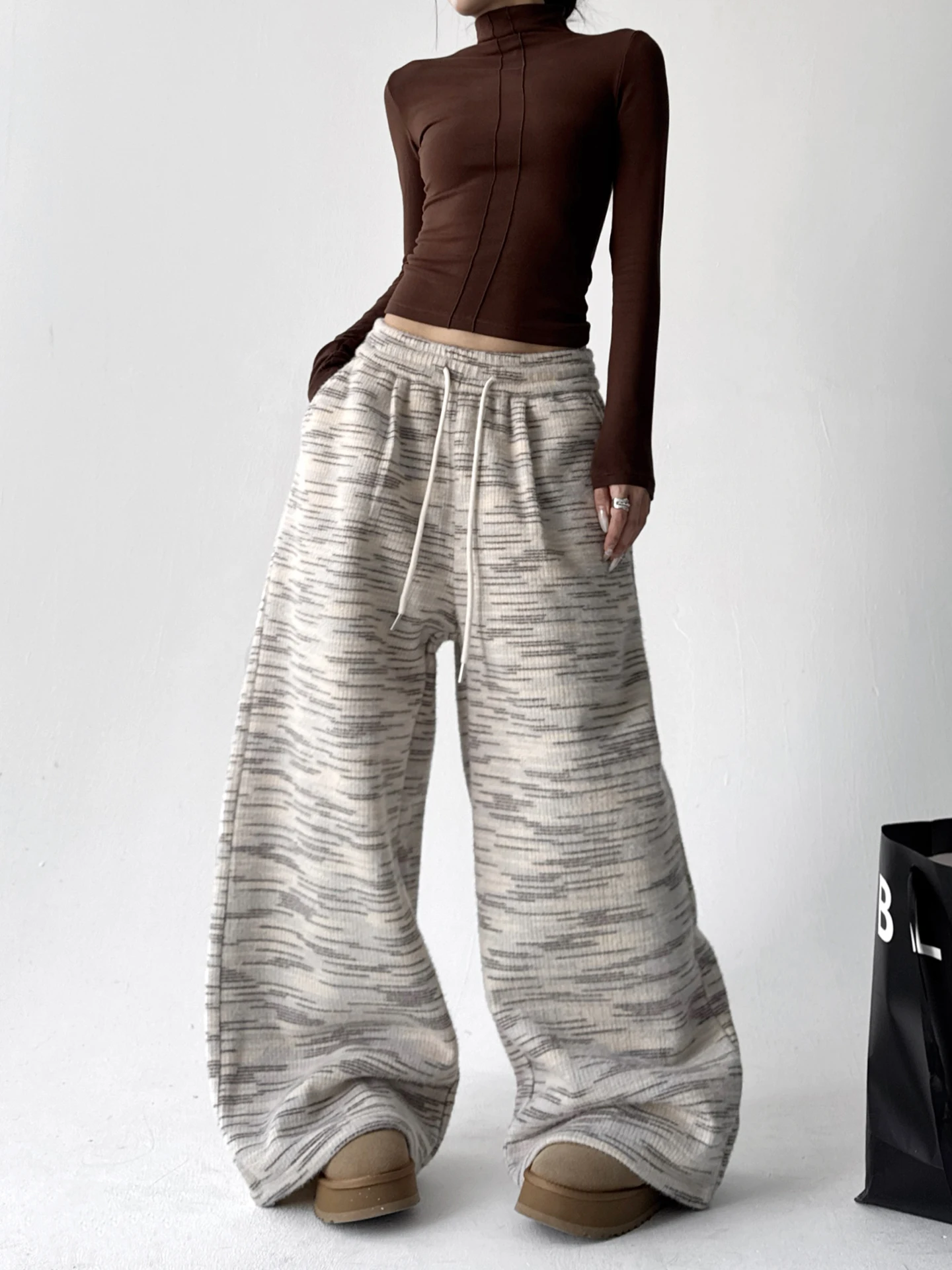 ارتفاع الخصر السراويل واسعة الساق المرأة الخريف الشتاء فضفاضة عادية لينة مريحة مستقيم قطع السراويل بناطيل كاجوال للسيدات #4