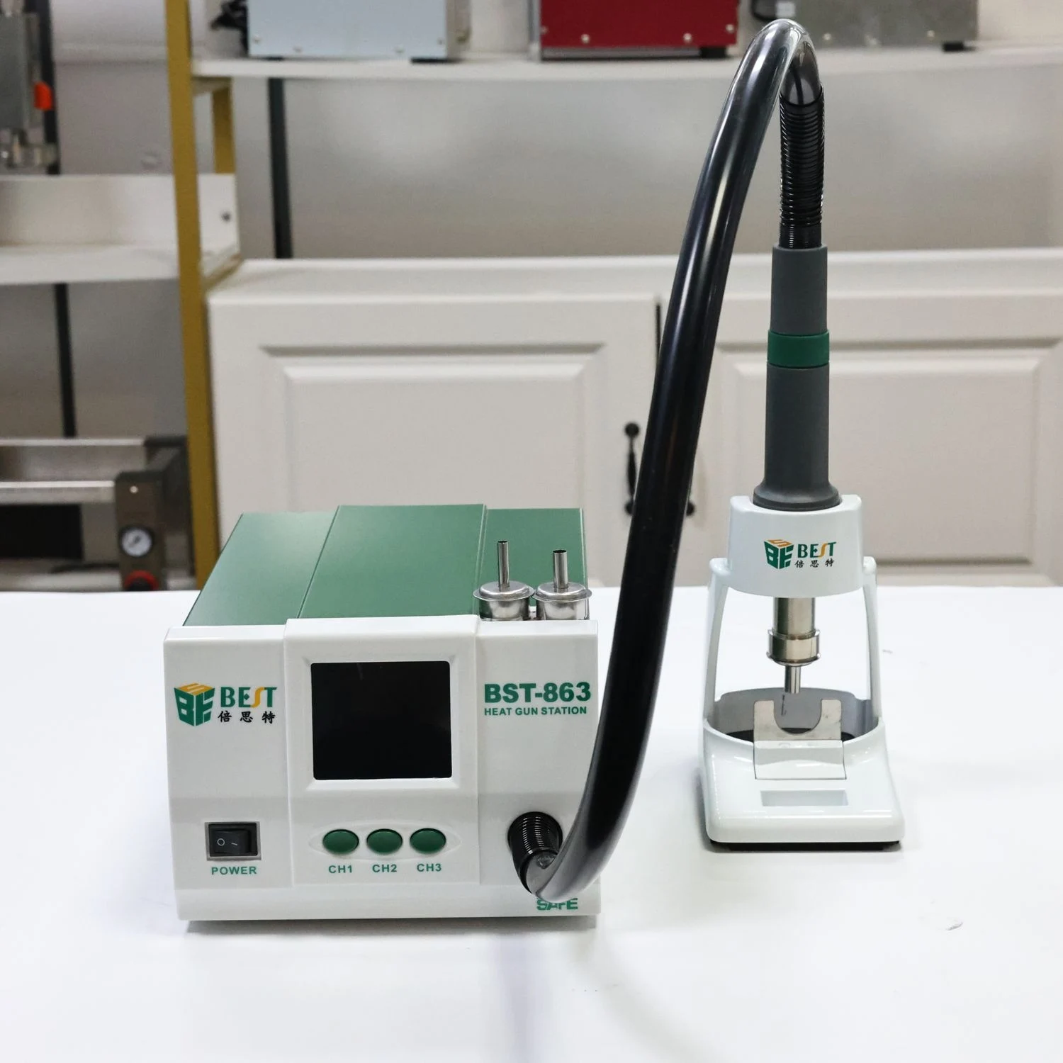 

BST-863 Lead-free Hot Air Rework Station Soldering Touch Screen LCD 1200W 220V For Phone CPU PCB Windmill Stand