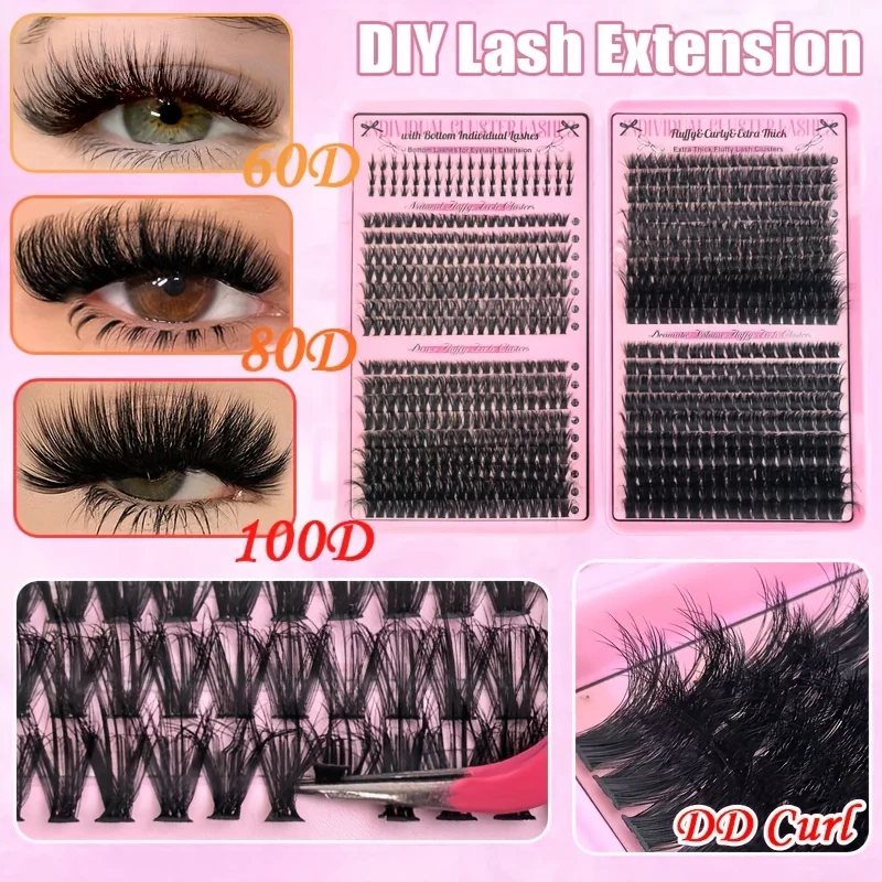 Zestaw do samodzielnego przedłużania rzęs, pojedyncze puszyste kępki rzęs z klejem i pęsetą, mieszane rzęsy dolne 40D/60D/80D/100D