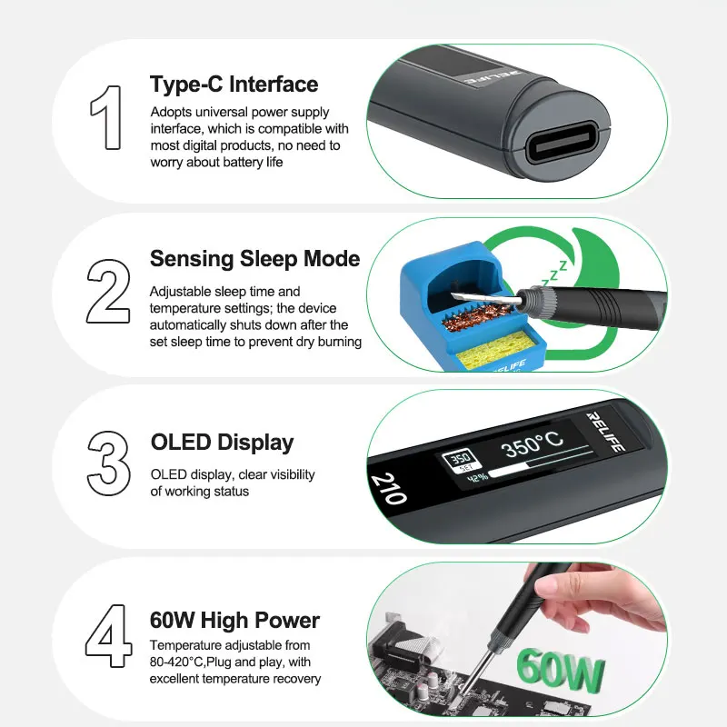 RELIFE RL-210 Portable Intelligent Soldering Iron Type-C interface for most 210 Heating Cores on the Market Repair Tools