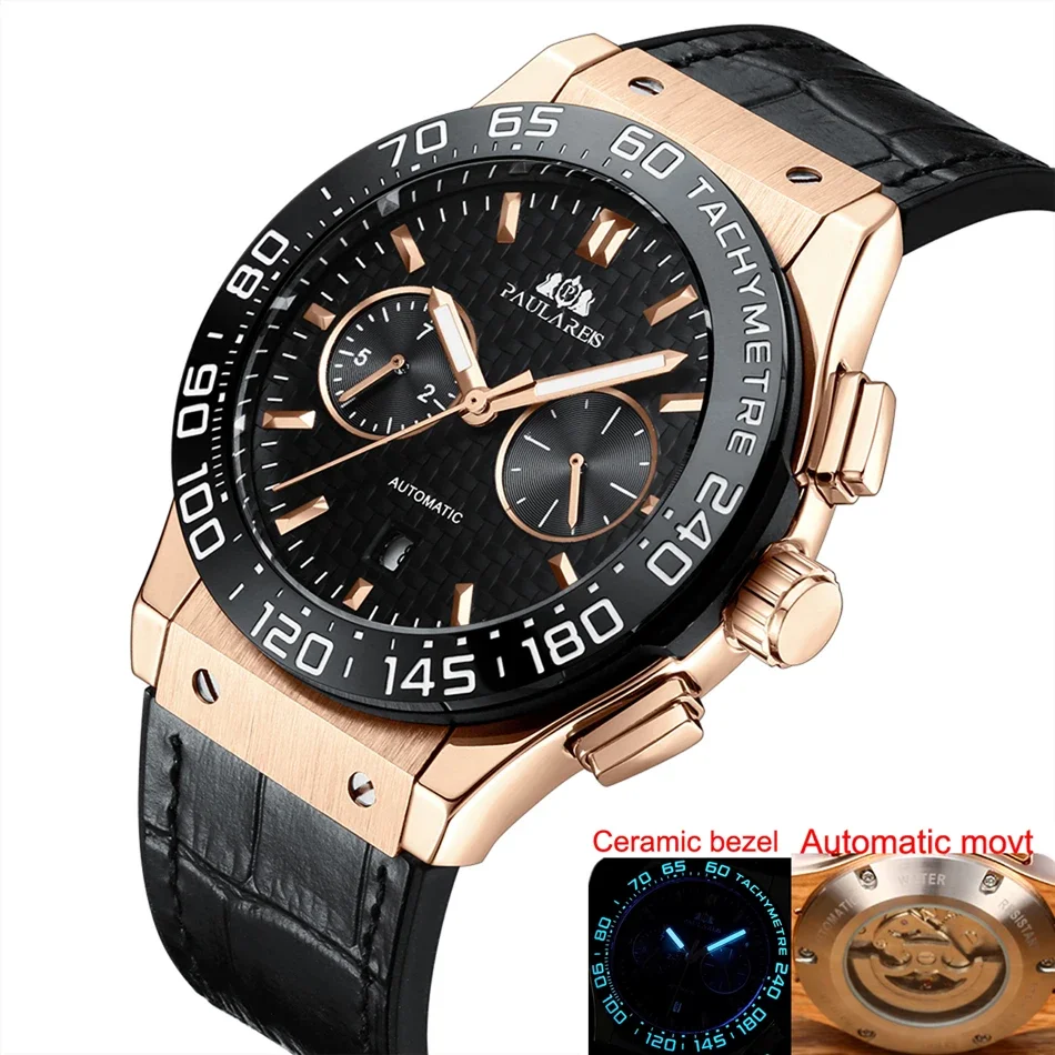 Automatic Watch for Men Ceramic Bezel Blue Luminous Mechanical Leather Rubber Rose Gold Titanium Carbon Fibre Style Luxury