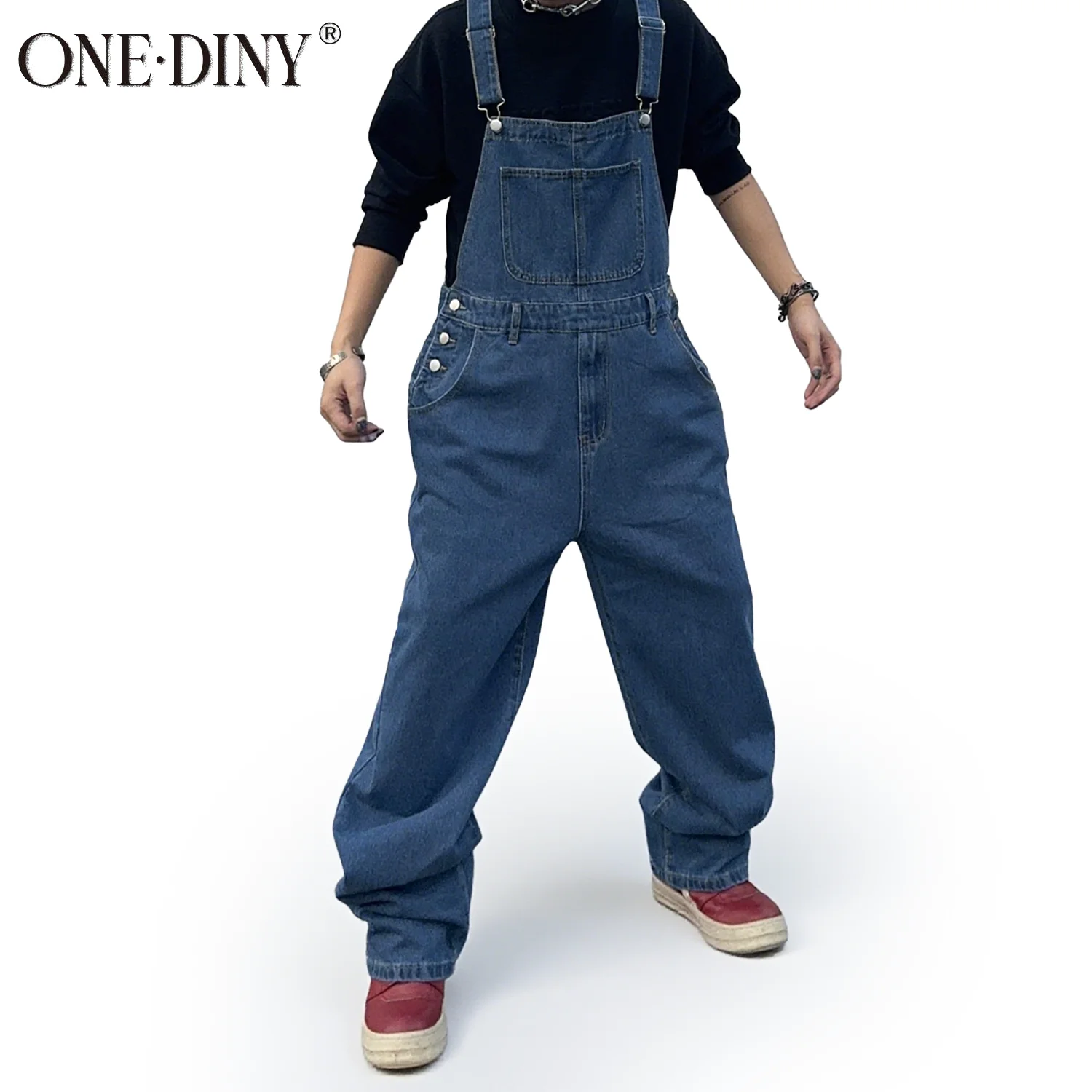 ONE·DINY Men's Denim Overalls Simple Loose Jeans Men's Street Casual Solid Color Mid-Waist Loose Washed Jumpsuit