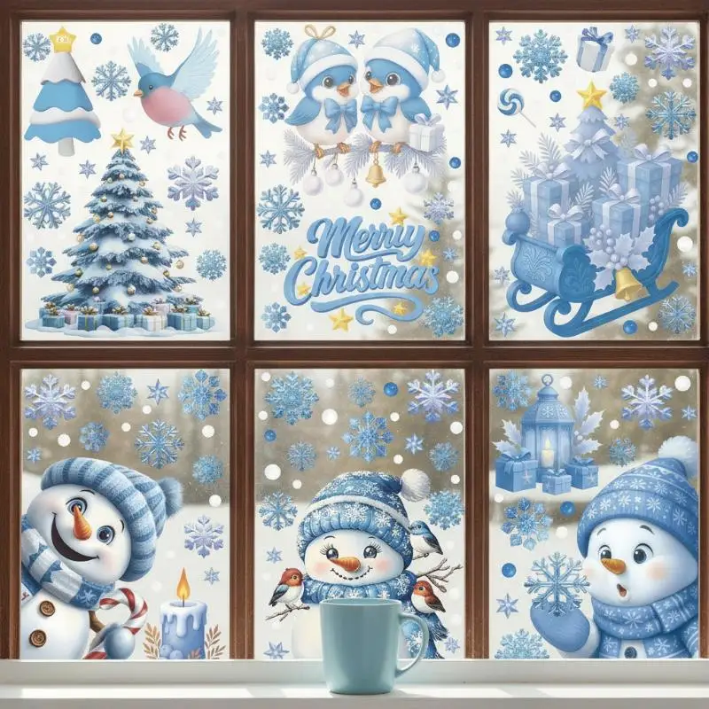 Hot Sale Christmas Static Window Stickers Snowman Santa Claus Snowflake Cartoon Decals For Home Holiday Party Decor Supplies