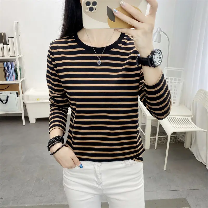 New Simplicity Long Sleeve Pullovers Spring Autumn O-neck Tops Striped Women Clothing Printing Ladies Undercoat Casual T-Shirts