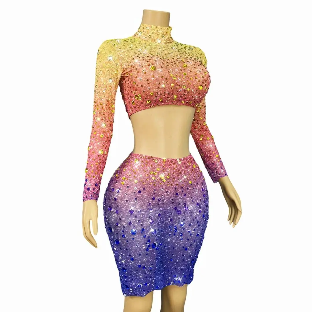 Xingcaijing Luxury Women Short Skirt Set Colorful Rhinestone Crop Top Half Skirt Bar Performance Costume Birthday New Year Gowns