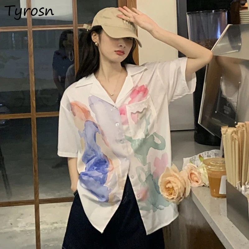 

Shirts Women Simple All-match Students Tender Turn-down Collar Daily Design Print Basic Elegant Loose Casual Summer French Style