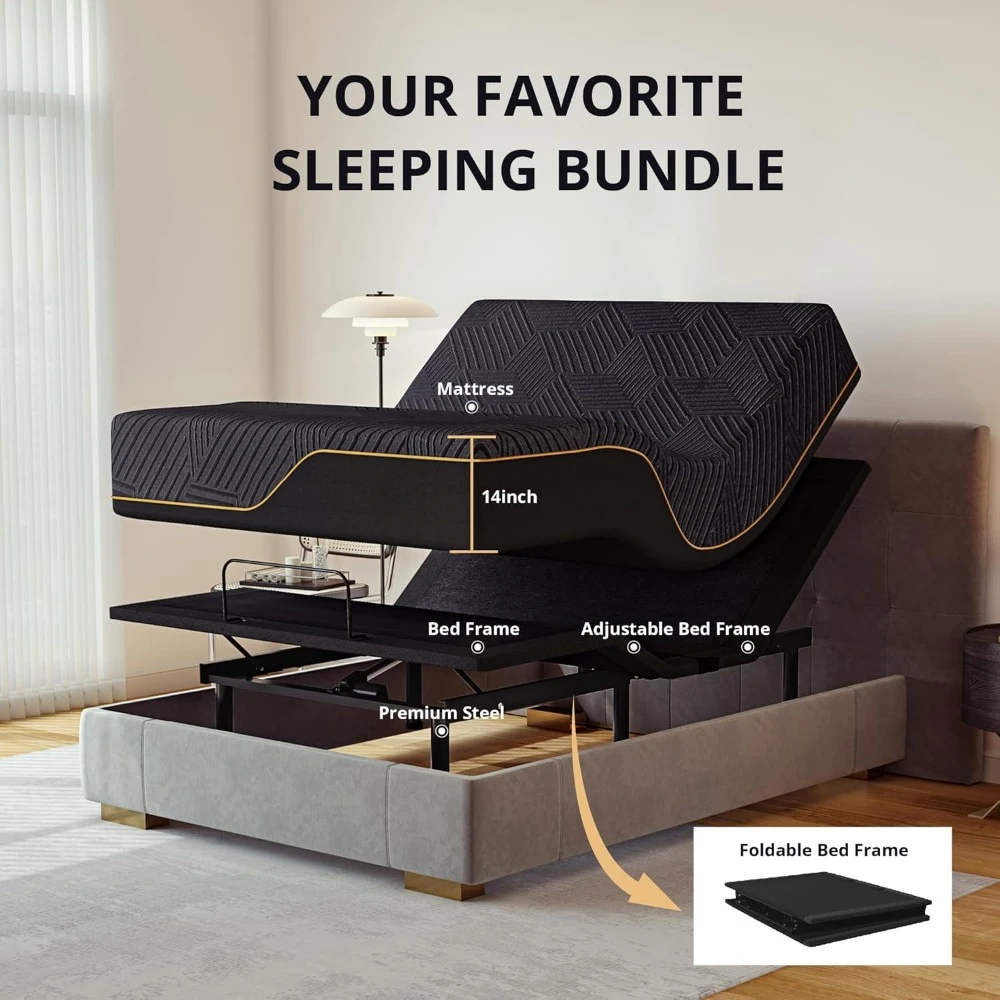 Split King Bed Frame and 14 Inch Copper Gel Memory Foam Mattress Set, Metal Foldable Beds Base with Remote, Bed