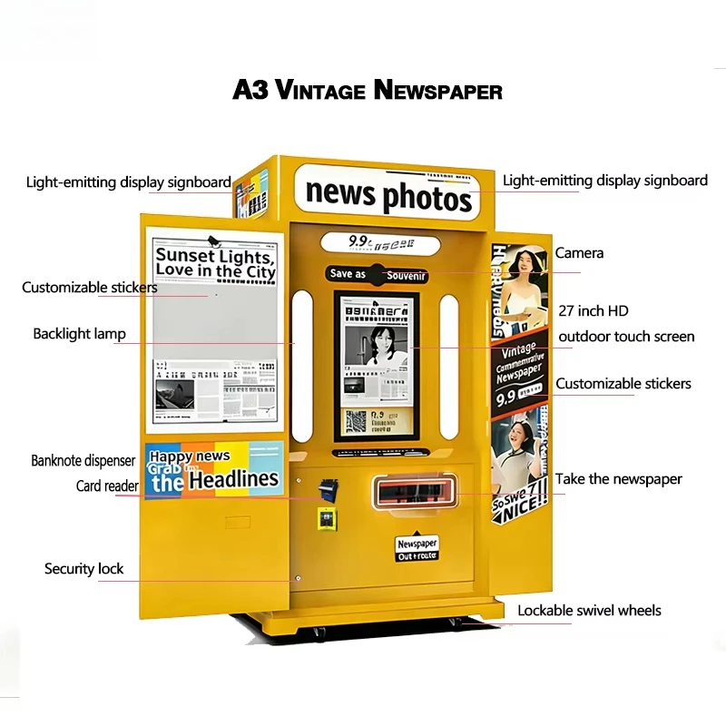 Customized retro newspaper photo booth kiosk self service instant print vending type for new event business startup operators