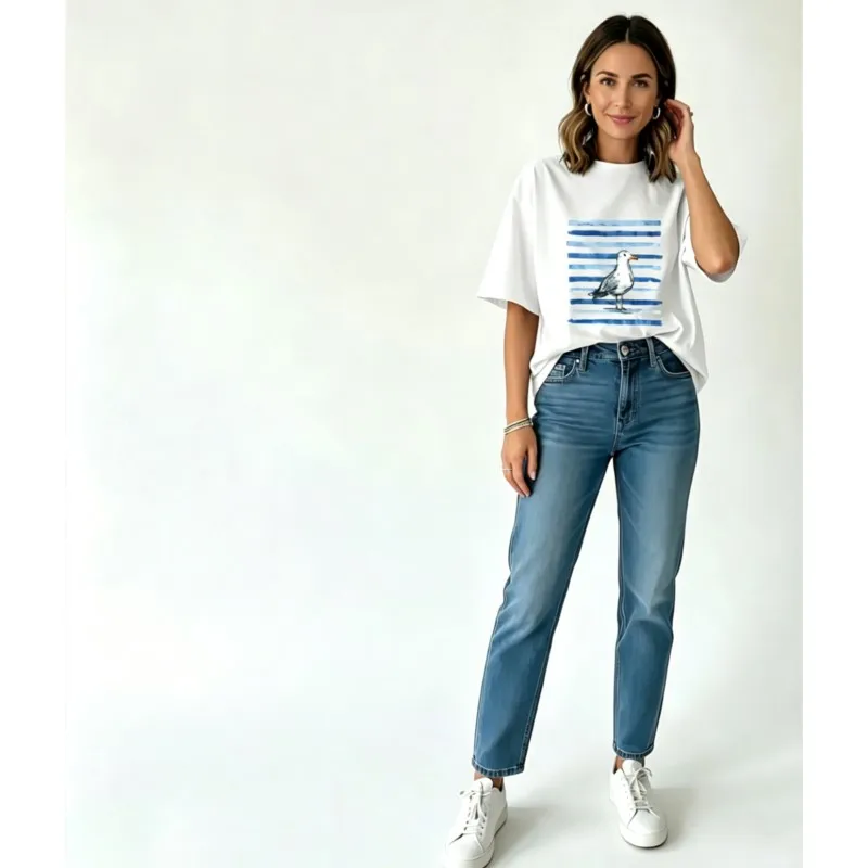 

Cheap Pure Cotton Women's T-shirts Print Blue Seagull Fashion Kawaii Tops For Women Seaside Beach Office Work Women's Clothes