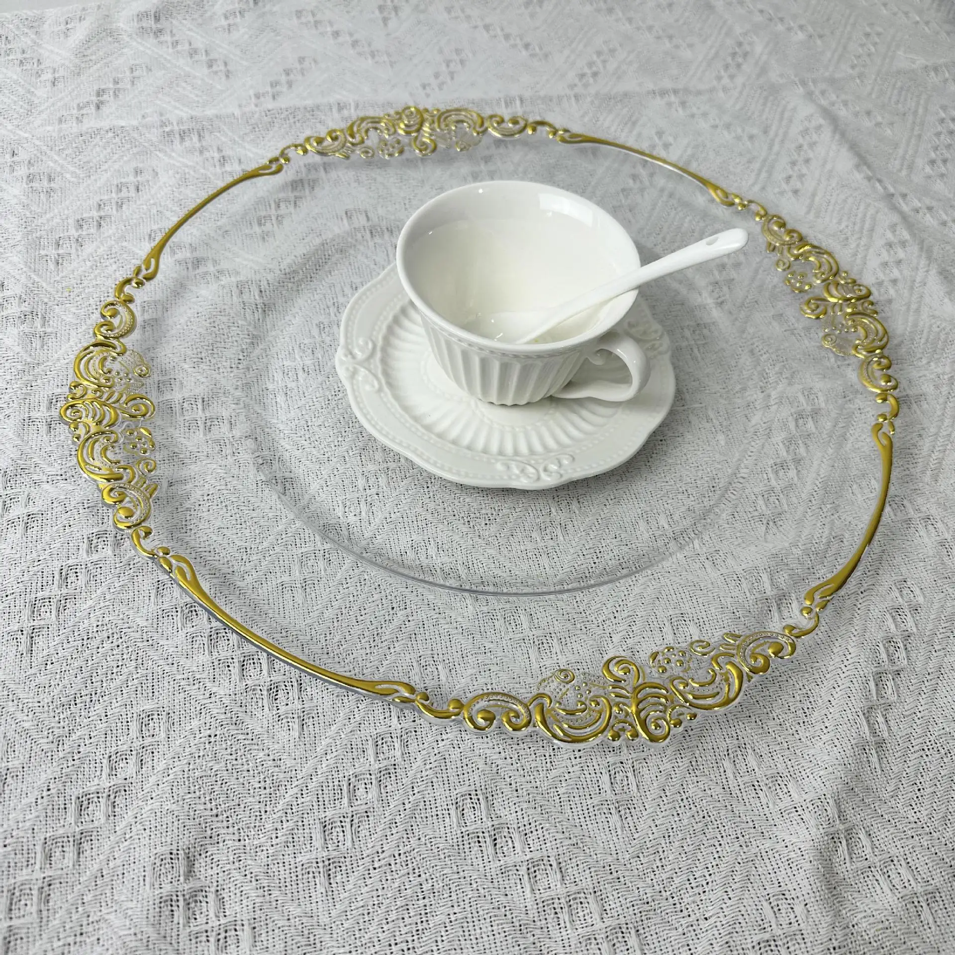 50/100pcs Clear Charger Plate with Gold Beads Rim Acrylic Plastic Decorative Dinner Serving Wedding Xmas Party Decor