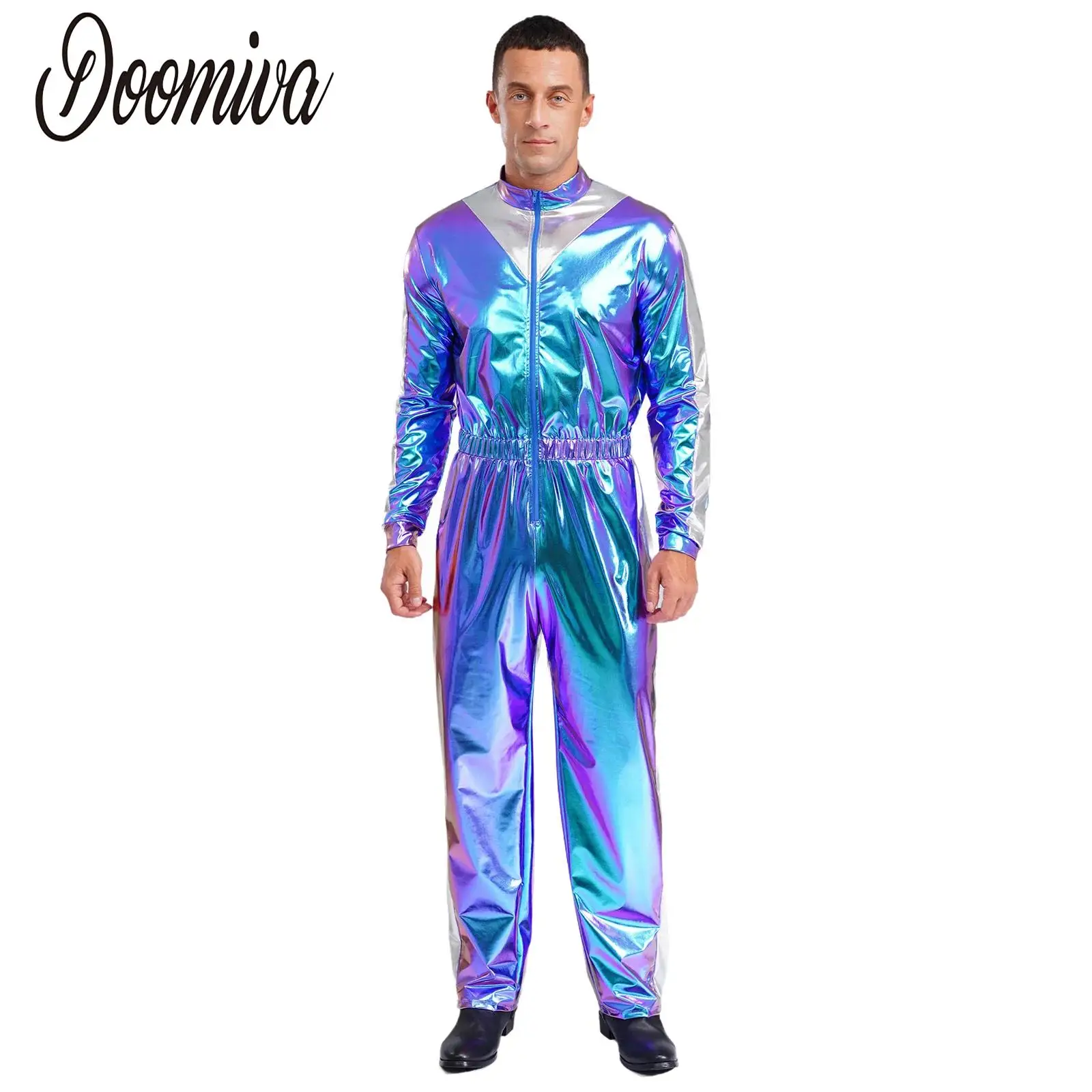

Men Sparkly Metallic Full Bodysuit Halloween Cosplay Theme Party Dress Up Long Sleeve Elastic Waist Jumpsuit Role Play Club Wear
