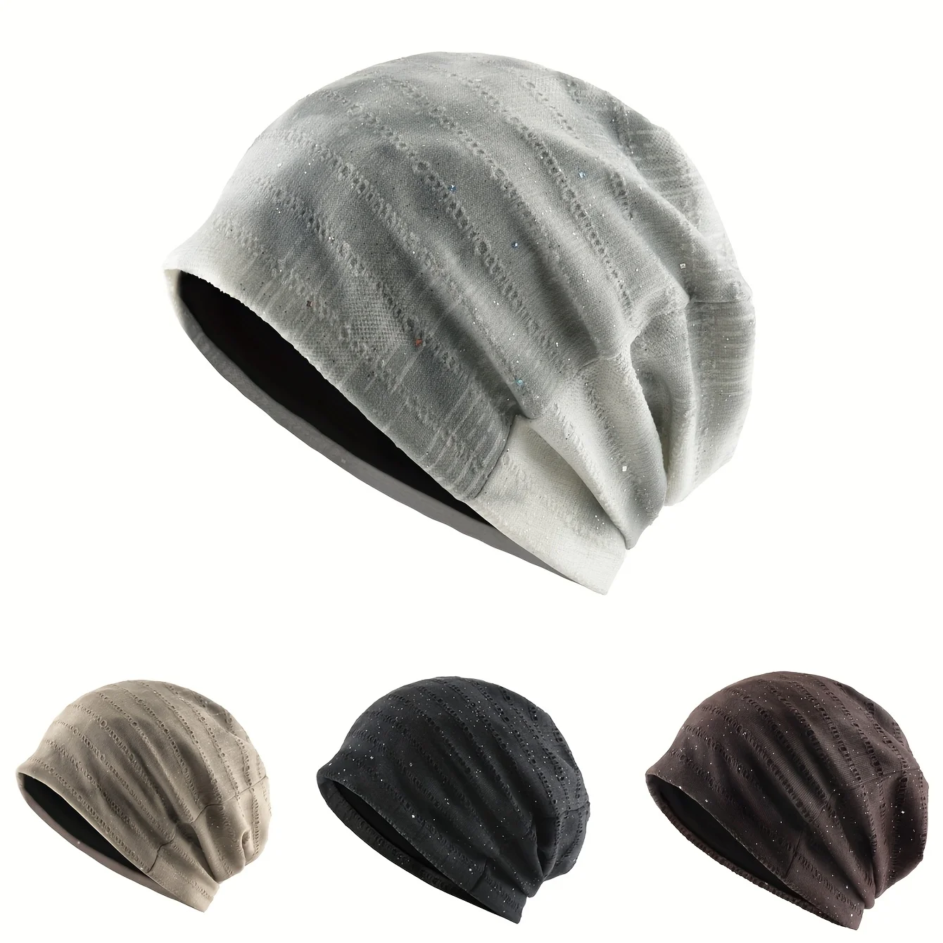 Lightweight Stackable Beanie Hat Women Vintage Distressed Knit Bonnet With Silver Splatter Print Autumn Winter Skullies Beanie