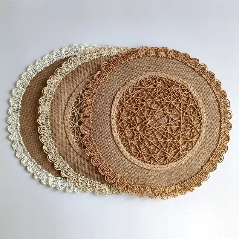 4pcs Placemat 15 Inch Rustic Hollow Woven Lace Mat Natural Tone Decor Pad For Afternoon Tea Cup And Plate Arrangement