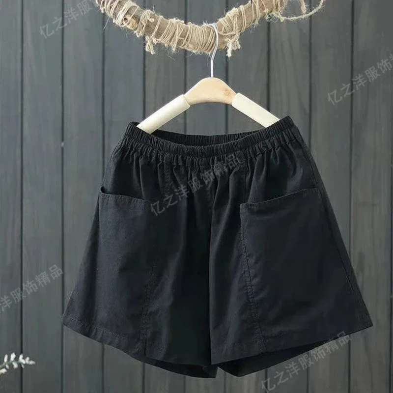 Shorts for Women's Summer Loose Casual New Elastic Waist Solid All-match Pocket Patchwork Wide Leg Pants Vintage Fashion Clothes