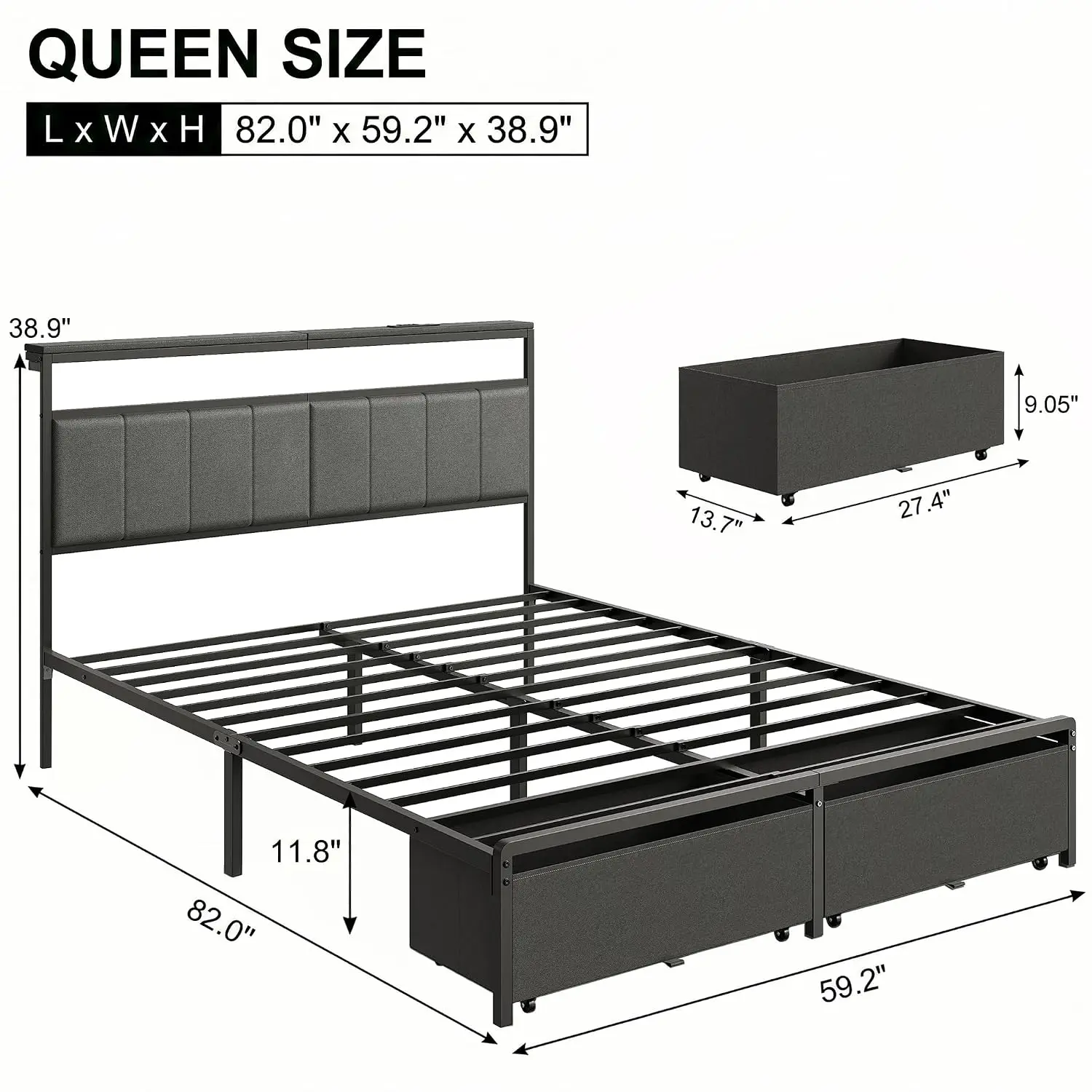 Queen Metal Bed Frame Grey Upholstered Headboard LED Charging Station 2 Storage Drawers, Customized