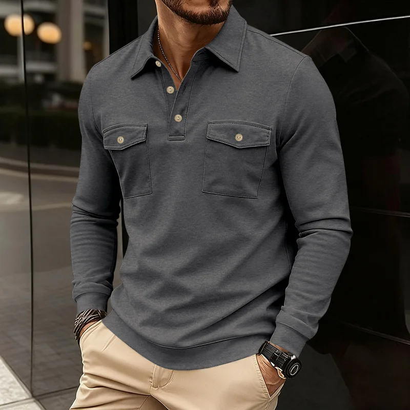 Spring Autumn Heavyweight Polos Men Solid Turn Down Collar Multi Pocket Loose Tops Male Pull On Long Sleeve Casual Polo Shirts