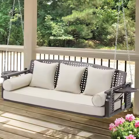 3 Seat Porch Swing, Patio Swing Bench with Cup Holders &amp; 3 Back Cushions, Swing Chair with Chains for Deck Garden Backyard