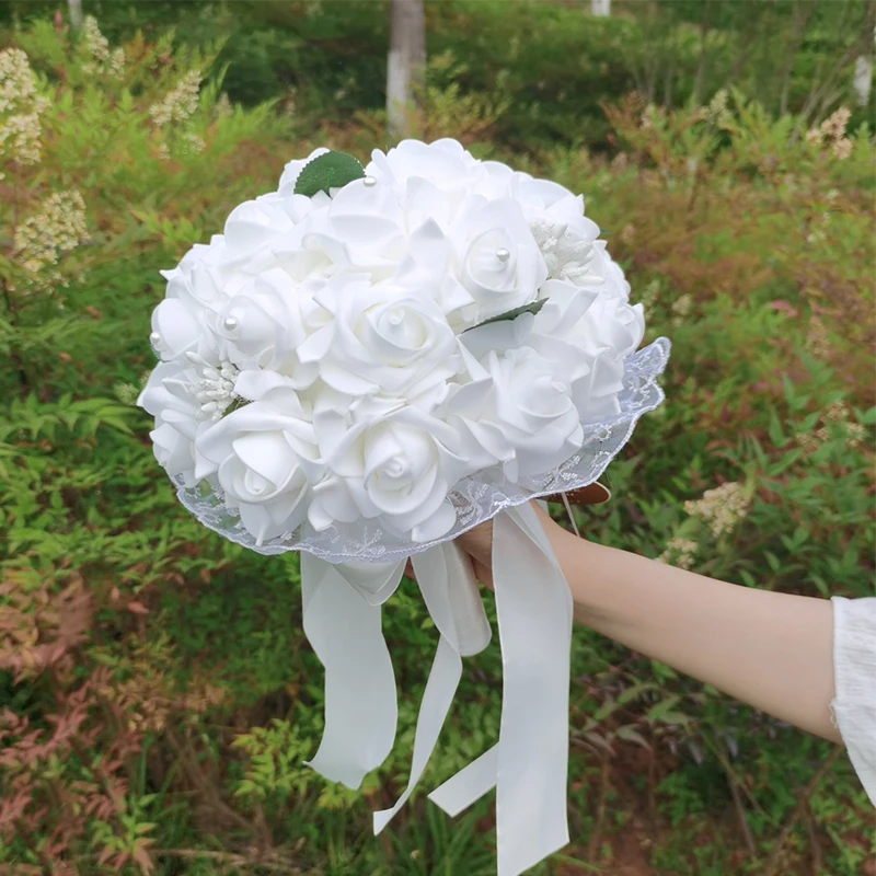 造花,ブーケ,花,結婚式用品,花嫁介添人用,赤の白い絹の花束