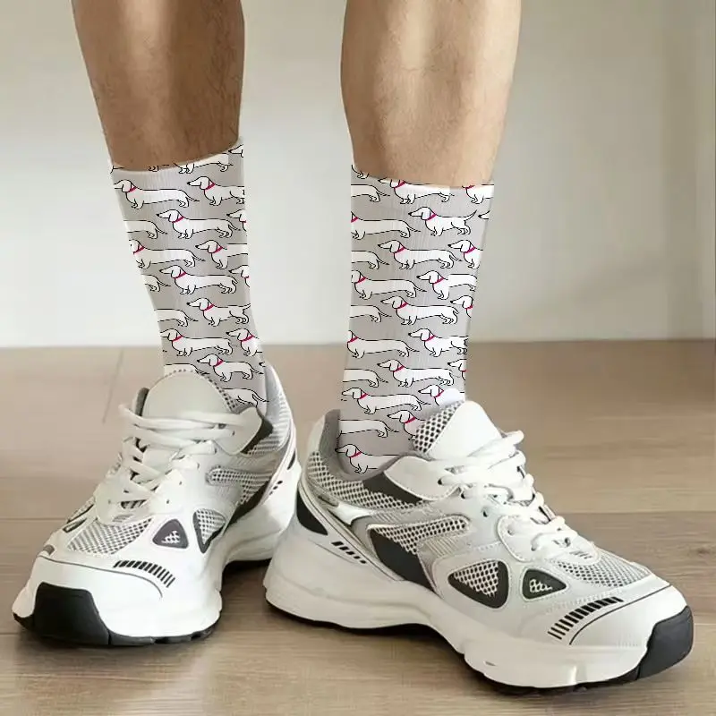 Cute Dachshund Print Crew Socks Whimsical Cartoon Dog Pattern Casual Socks with Pink Collar Detail Soft Stretchy Comfortable