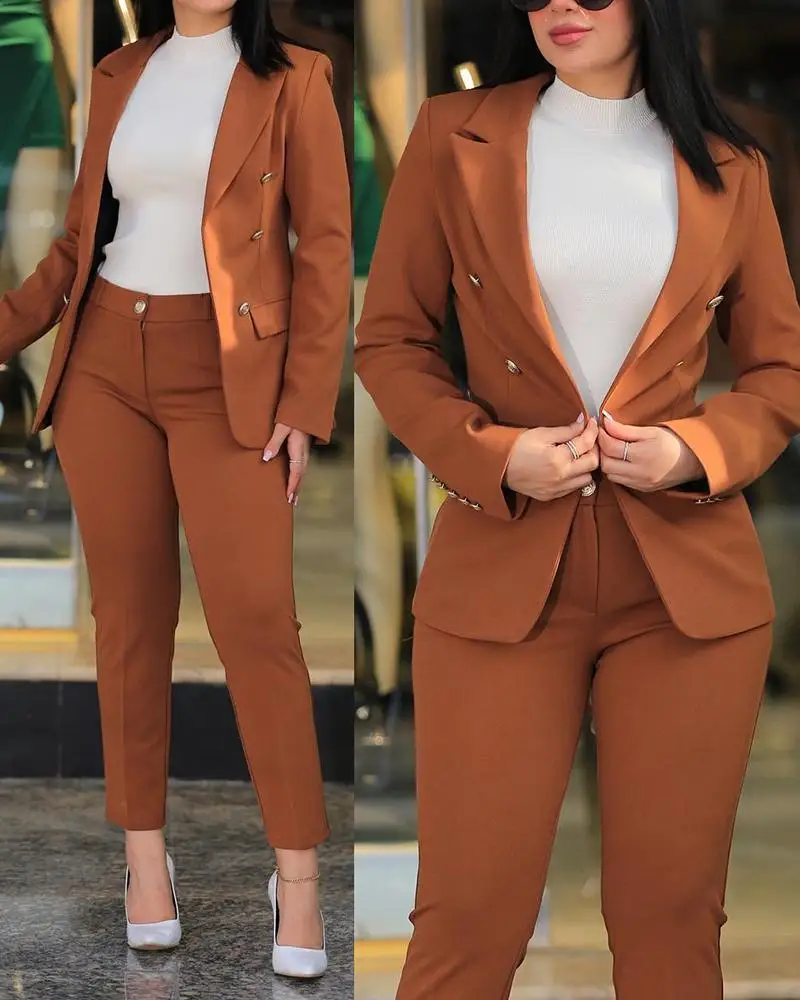 

Women Jacket Two Piece Set Solid Blazer Coat Pant Sets Turn Down Collar Buttons Pencil Pants Elegant Office Lady Work Autumn
