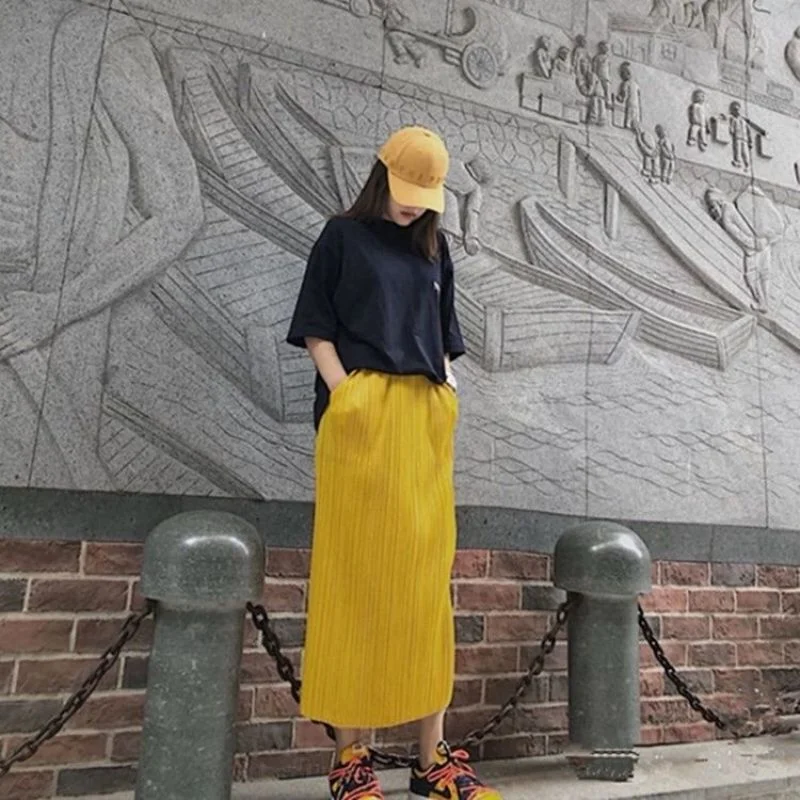 Fashion High Waist A-Line Split Midi Skirt Women's Basic Pleated Slimming Skirts Polyester Fiber Neutral Style Summer 2024
