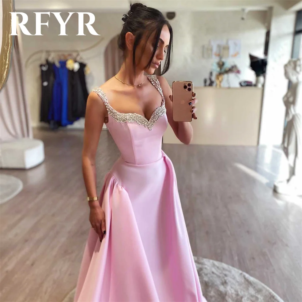 RFYR Pink Long Party Dress A-Line Night Dresses Pleats Satin Spaghetti Strap Celebrity Dress vestidos de fiesta Customized