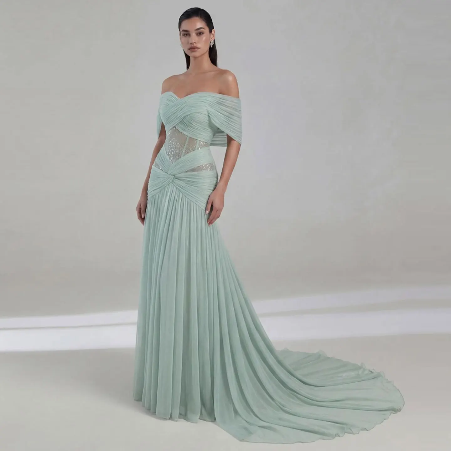 Sharon Said Luxury Aqua Evening Dress Off Shoulder Crystal Beaded Pleated Mermaid with Long Train Formal Party Gown SF244 Custom