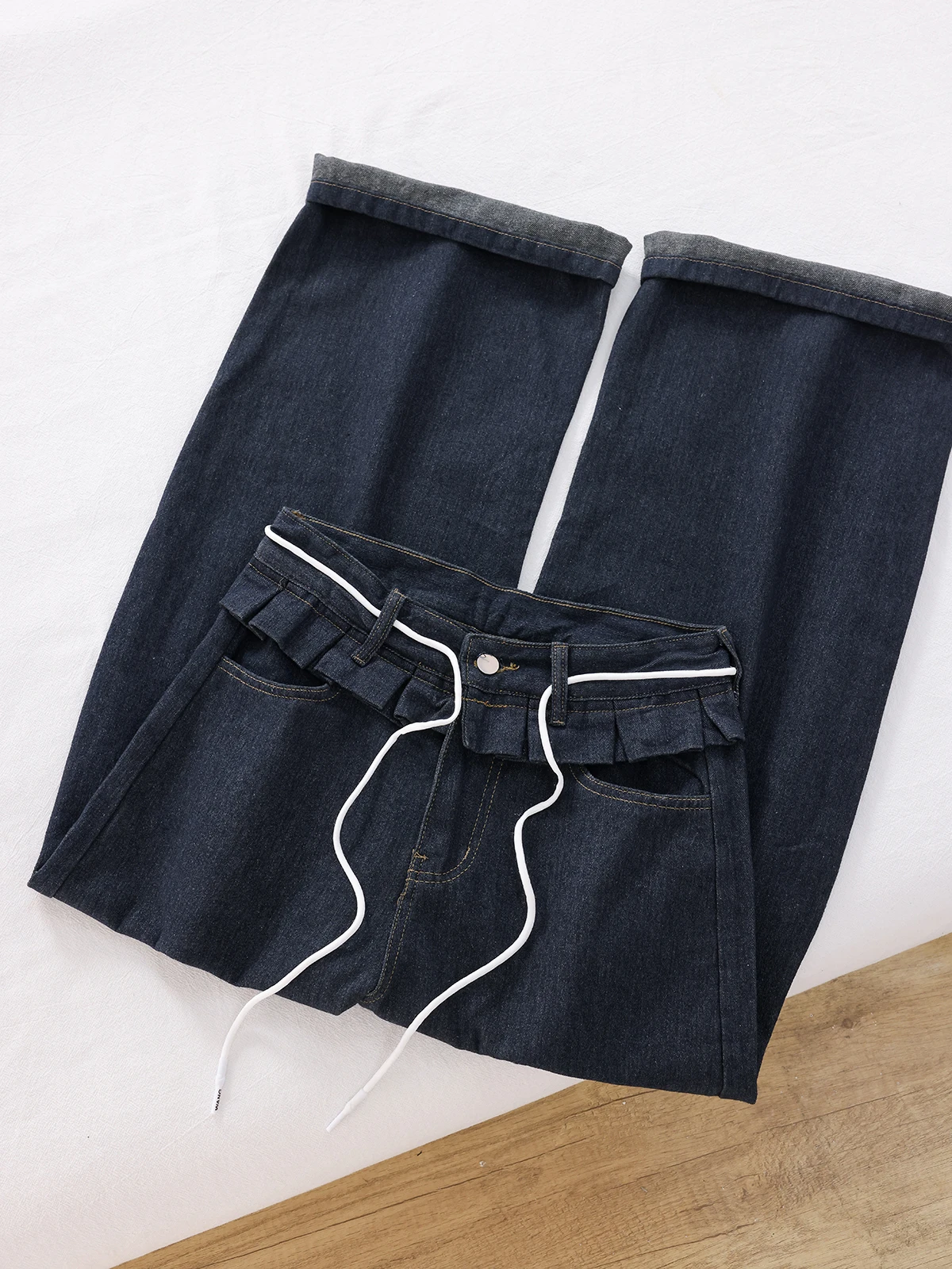 American Retro Spicy Girl Wide Leg Jeans 2025 Summer Women's High Waist Ruffles Loose Denim Pants Vintage Lace Up Trousers