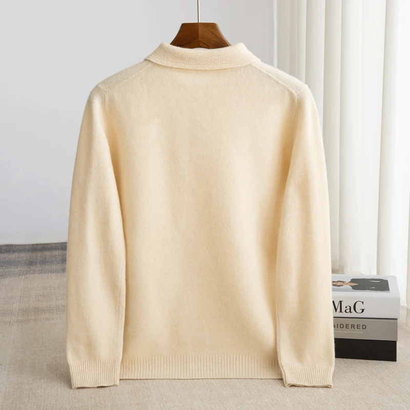 100% ميرينو رداء علوي من الصوف الرجال بولو طوق طويلة الأكمام البلوز الربيع/الخريف موضة جديدة متماسكة الأعمال سترة الكشمير المعنقة عادية #2