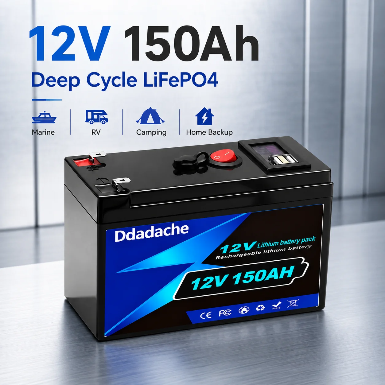 12V 150Ah LiFePO4 Batterie 1920Wh Deep-Cycle-Ersatzbatterie mit Smart BMS für Wohnmobil-Solarenergiesystem, Heim-Backup, Marine-Trolling