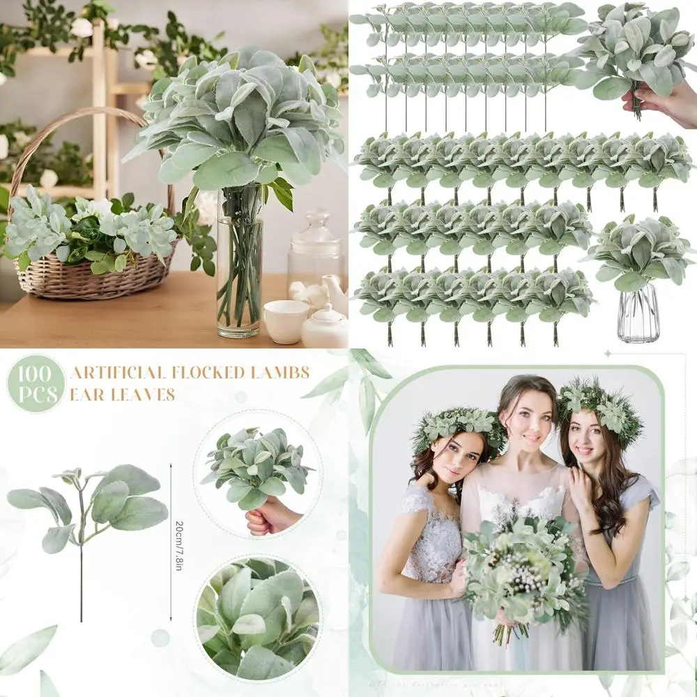 

100 Pcs Artificial Flocked Lambs Ear Leaves Faux Greenery Stems Bulk Fake Flocked Oak Leaves Lambs Ear Leaf for DIY Wreath Weddi