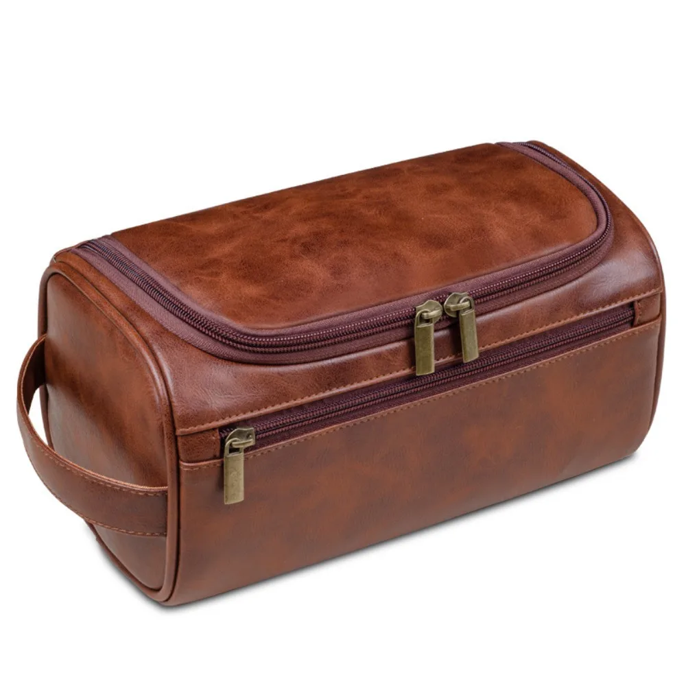 

Durable PU Leather Men Toiletry Bag Waterproof with Hanging Hook Makeup Bag With Handle Handheld Handbag Business