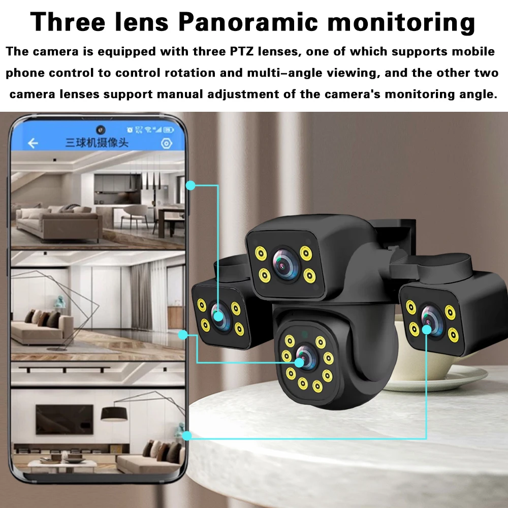 Tuya 4K 15MP Wifi Security Camera Three Lens with Three Screen Auto Tracking Smart Life Wireless CCTV Video Surveillance Camera