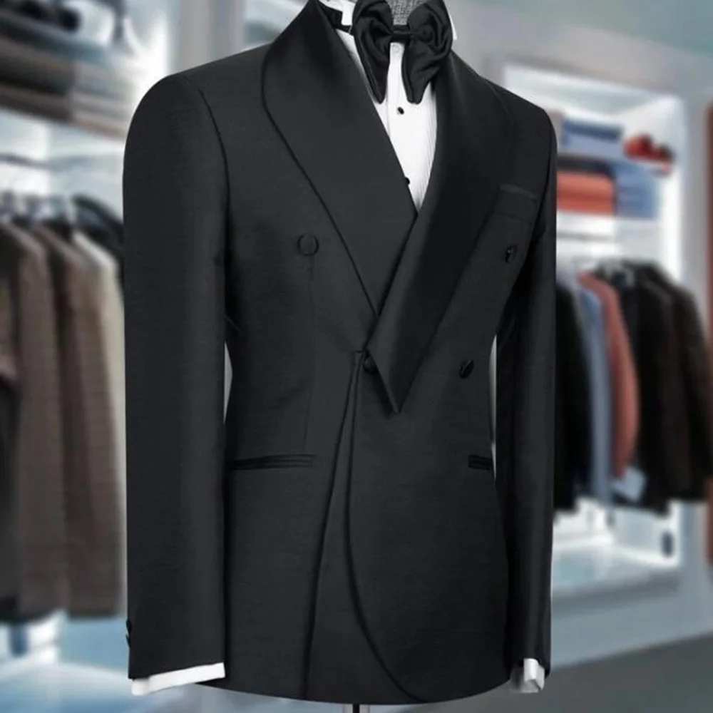 

Unique Design Men's Suit Jackets Solid Black Double Breasted Prom Blazers Customied Formal Wear Wedding Groom Tuxedos Outfits