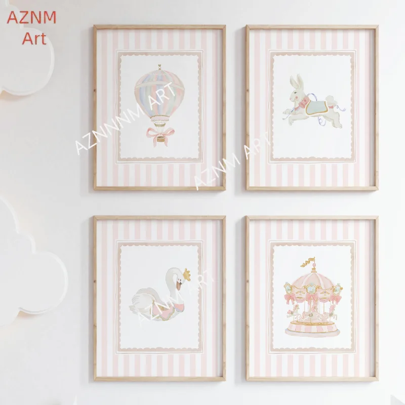 1/4 Stück rosa Kinderzimmer-Kunstdrucke, 4er-Set, Schwan, Karussell, Hase