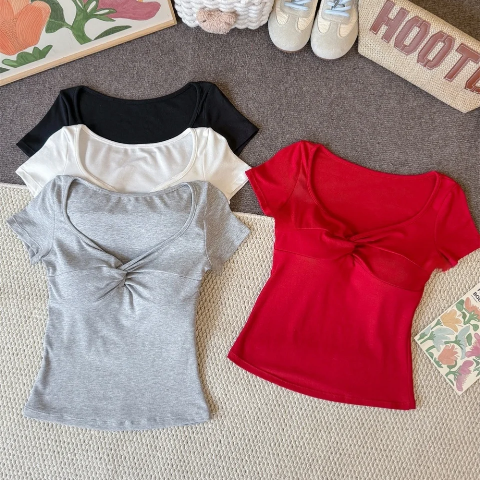 Summer New Pure Desire V-neck Knot Design Shoulder-length Short-sleeve Women's T-shirt Slimming Fixed Band Chest Pad Short Style