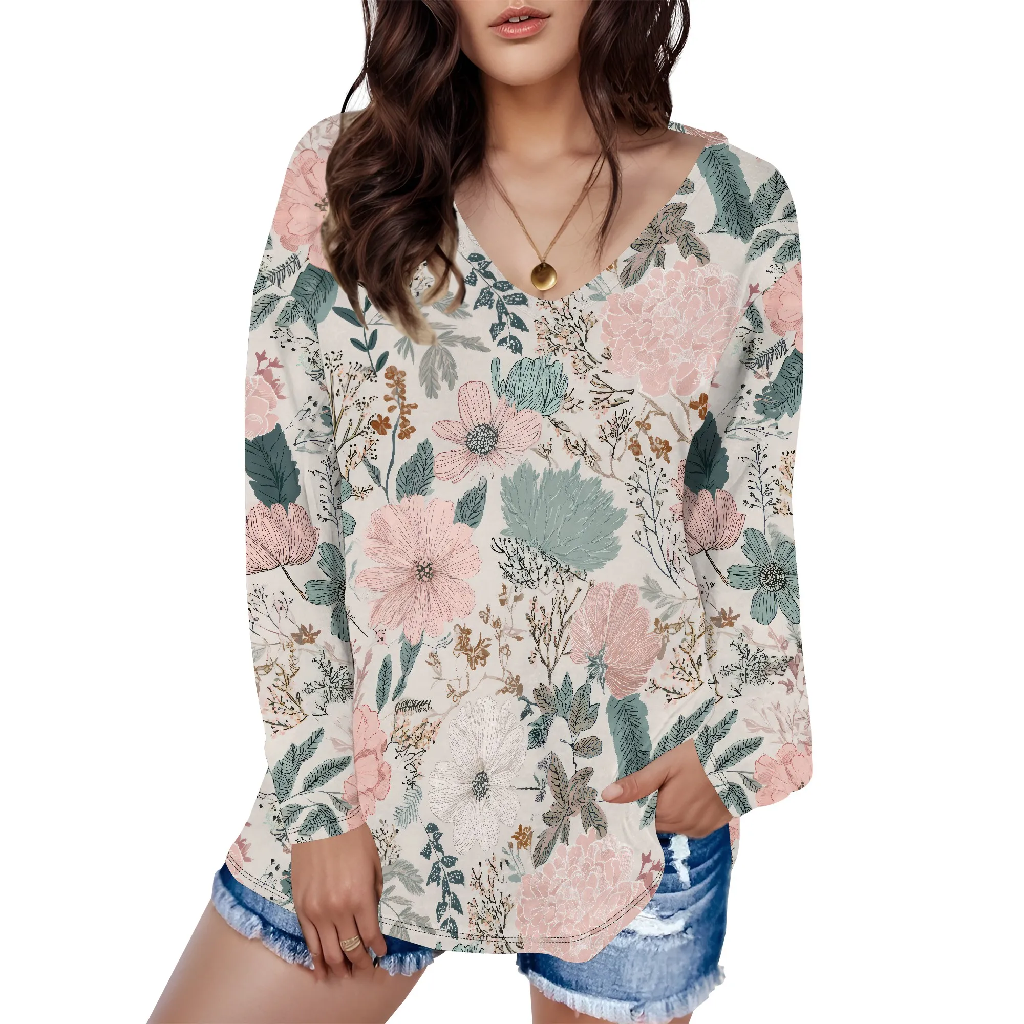 

Long Sleeve Womens Tops Fall Fashion 2025 T-Shirts Floral V-Neck Basic Tee Fited Tunic Tops Blouse