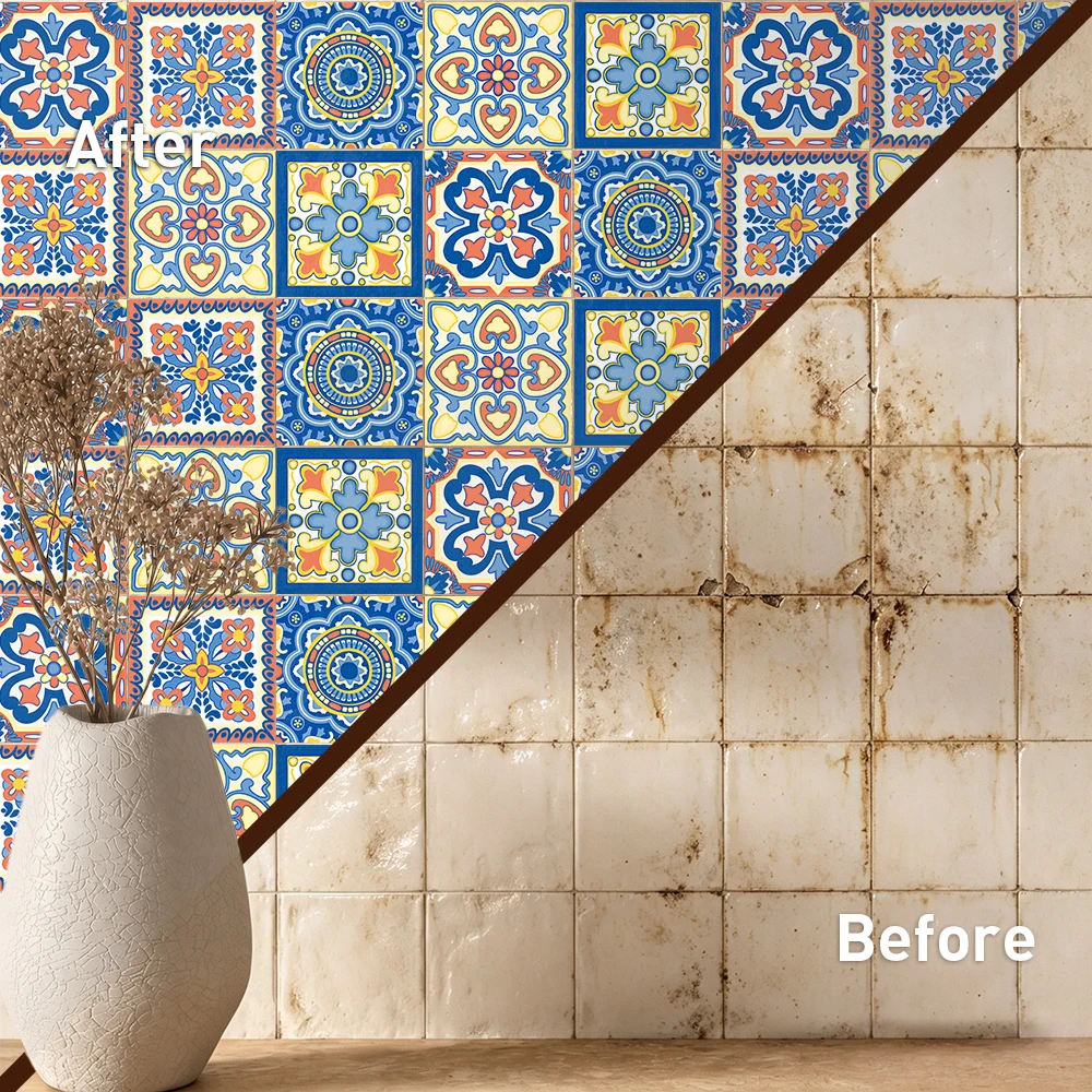 Indigo Sun Tile Stickers Waterproof Peel and Stick Self Adhesive Oil Proof Backsplash Decals Floral Wallpaper for Radiant Lounge