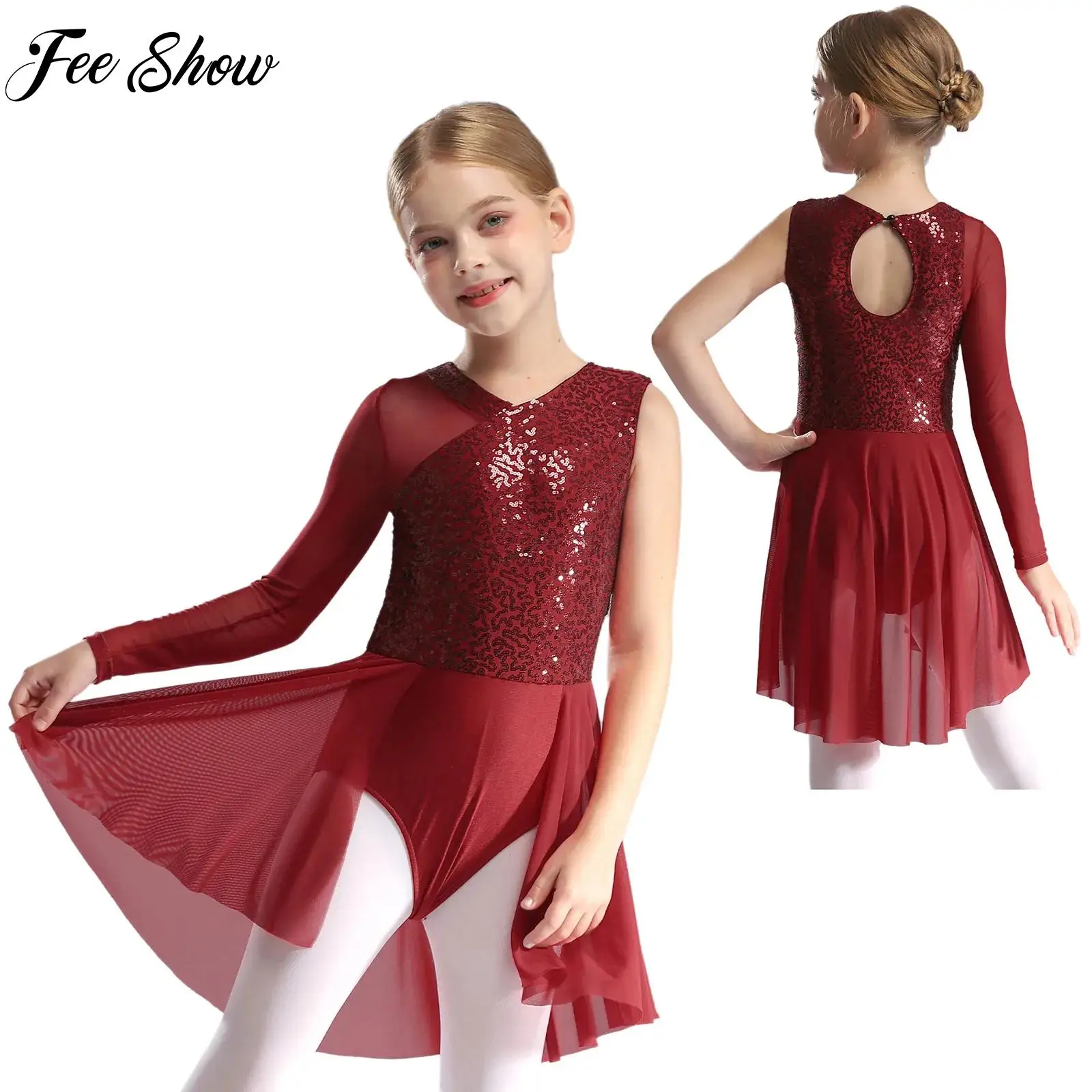 

Long Sleeve Lyrical Dance Performance Costume for Kids Girls Sheer Mesh Sequins Skirted Leotard Modern Contemporary Dancewear