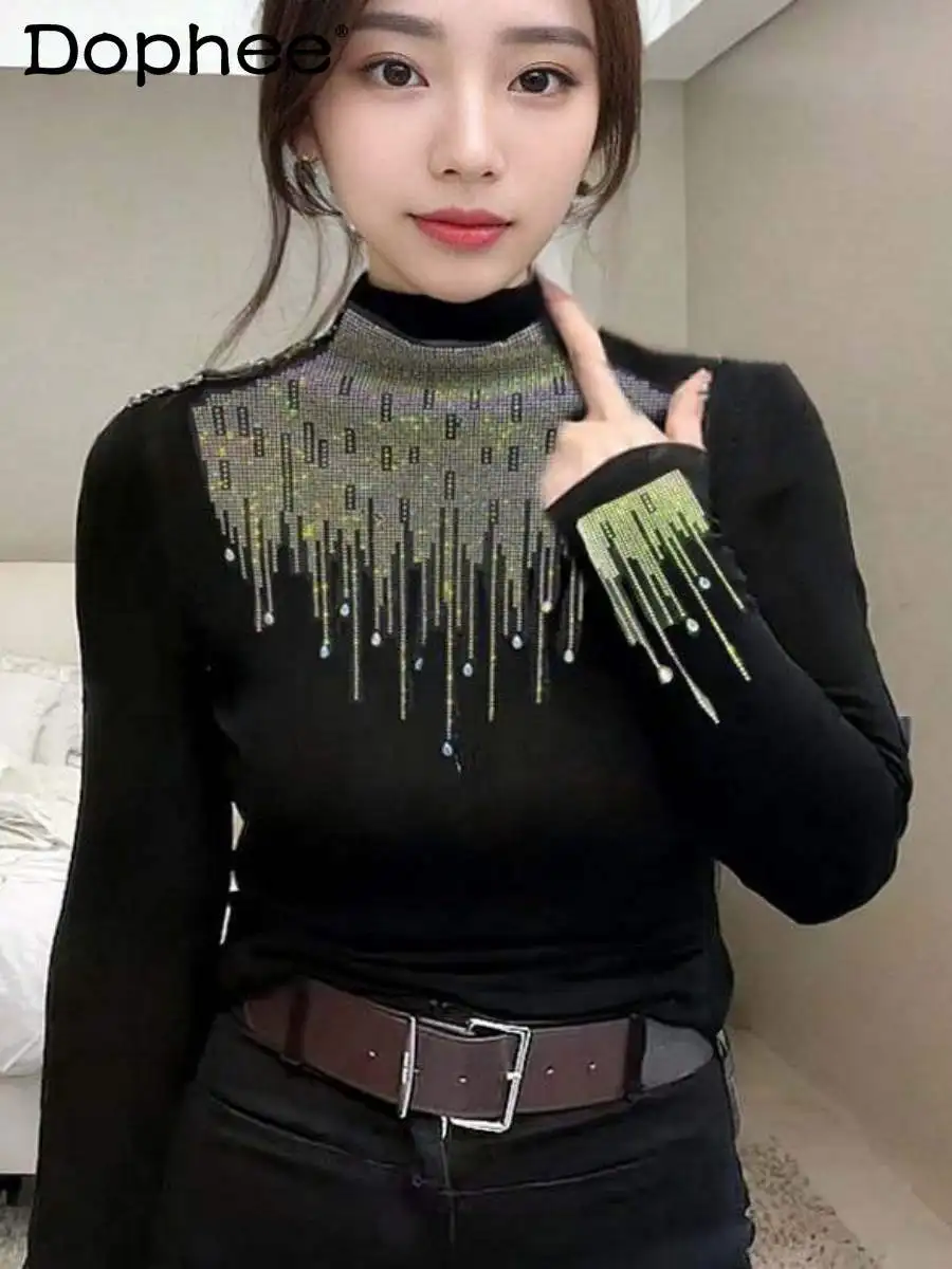 

European Goods Bottoming Shirt Heavy Industry Hot Diamond Semi-turtleneck Elastic Slim-fitting Long-sleeved T-shirt Women 2024