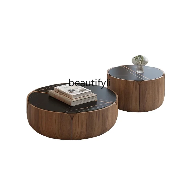 

Medieval walnut color round solid wood coffee table household small apartment very simple rock slab round combination
