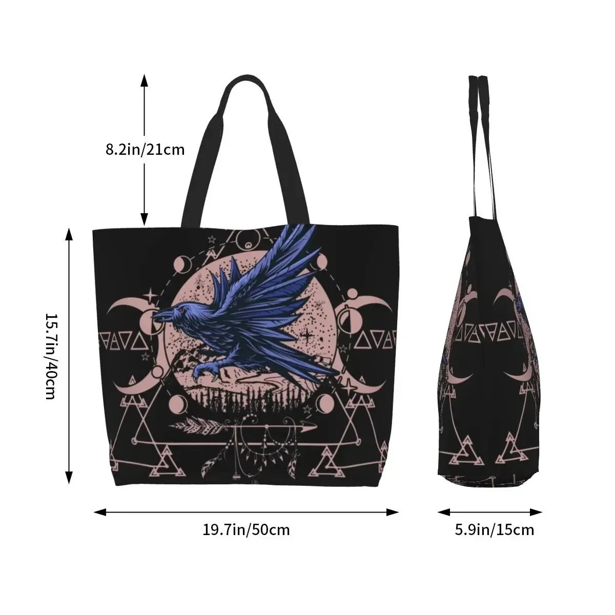 Custom Raven Wiccan Mandala Canvas Shopping Bags Women Reusable Large Capacity Grocery Tote Shopper Bags